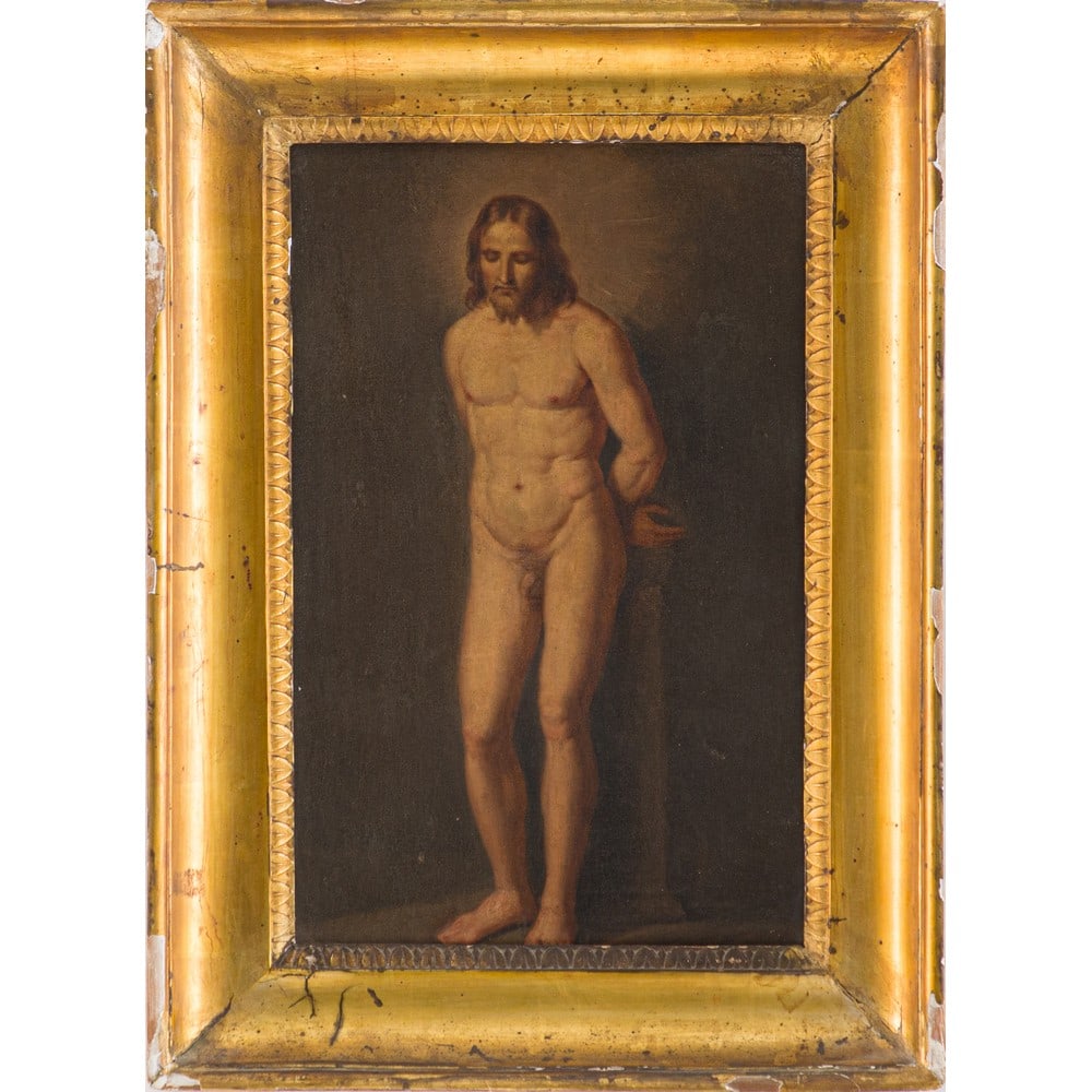 PITTORE NEOCLASSICO SICILIANO INIZI XIX SECOLO, Olio su tela: PITTORE NEOCLASSICO SICILIANO DEGLI INIZI DEL XIX SECOLO Cristo Nudo Ieratico alla Colonna Olio su tela Cornice coeva a mezza canna in legno dorato. cm 40,5 x 26 .