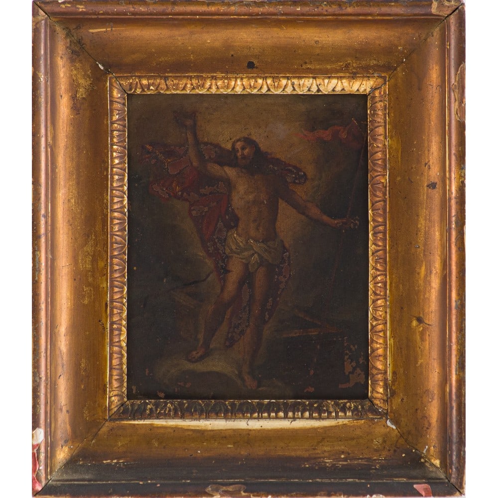 ALONZO VASQUEZ (Scuola di), Olio su rame: ALONZO VASQUEZ (Scuola di) (Roma 1565-1607) Resurrezione di Cristo Olio su rame Cornice coeva a mezza canna in legno dorato. cm 20 x 17 .