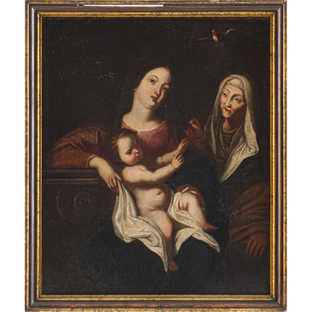 PITTORE SICILIANO DEL XVII SECOLO, Olio su tela: PITTORE SICILIANO DEL XVII SECOLO Madonna con Bambino e S. Anna Olio su tela (restauri) Cornice non coeva in legno. cm 76 x 63 .