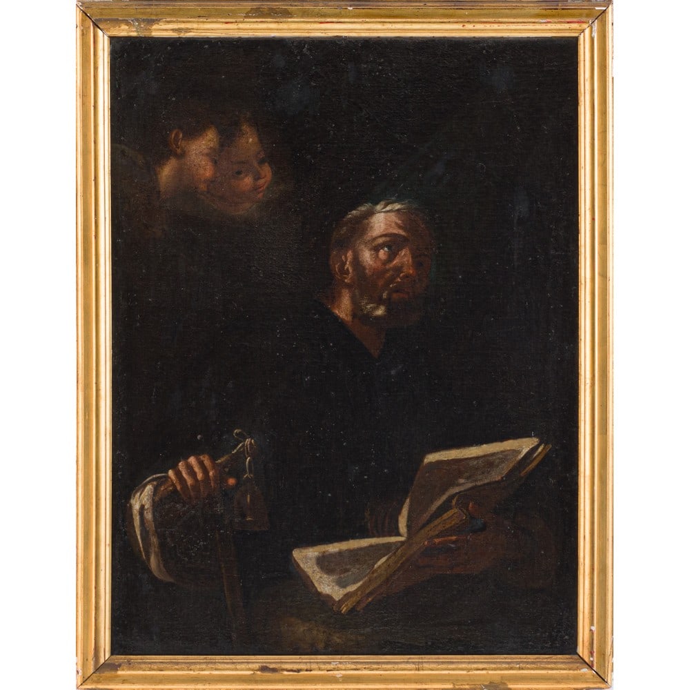GIOACCHINO ASSERETO (Attr.), Olio su tela: GIOACCHINO ASSERETO (Attr.) (Genova 1600-1649) Santo con cilicio e libro Olio su tela Cornice d’epoca in legno dorato. cm 95 x 72 .