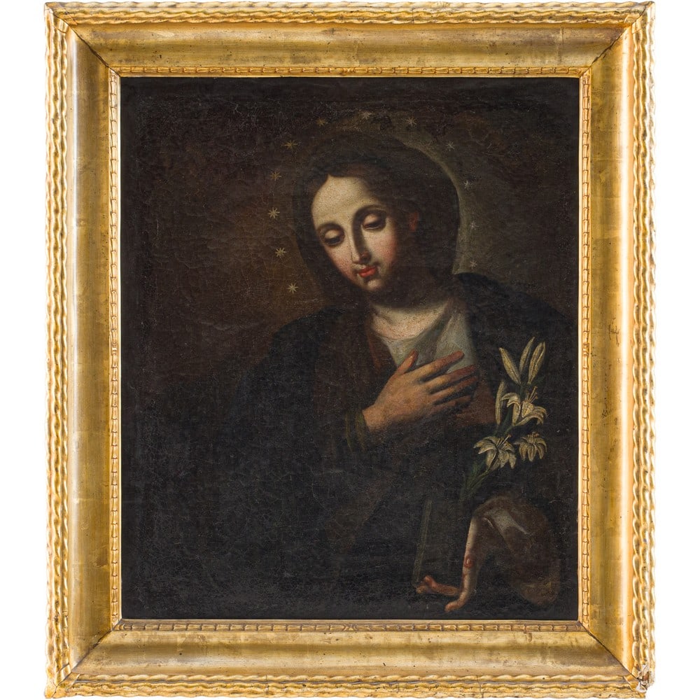 PITTORE SICILIANO DEL XVIII SECOLO, Olio su tela: PITTORE SICILIANO DEL XVIII SECOLO Madonna con giglio Olio su tela Cornice coeva in legno dorato. cm 74 x 62 .