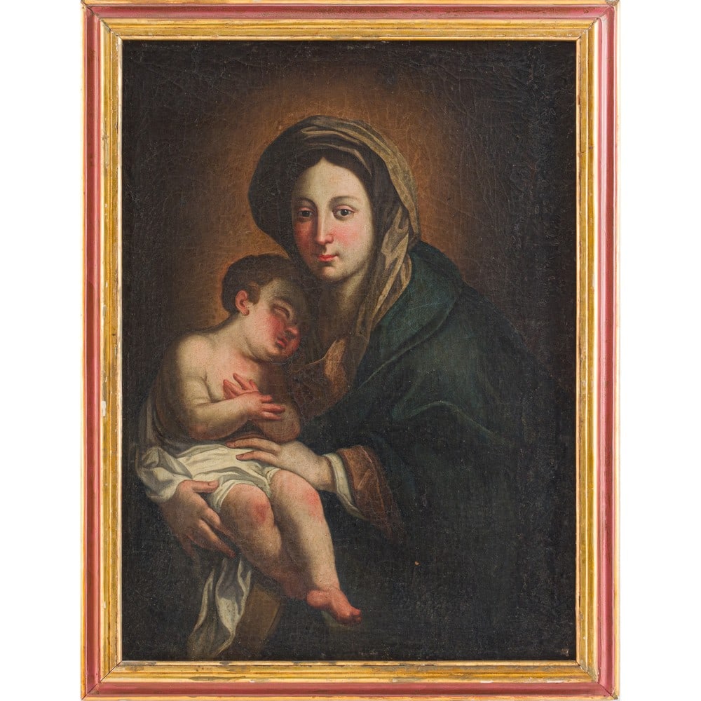 PITTORE SICILIANO DEL XVIII SECOLO, Olio su tela: PITTORE SICILIANO DEL XVIII SECOLO Madonna con bambino Olio su tela Cornice non coeva in legno dorato. cm 101 x 74 .