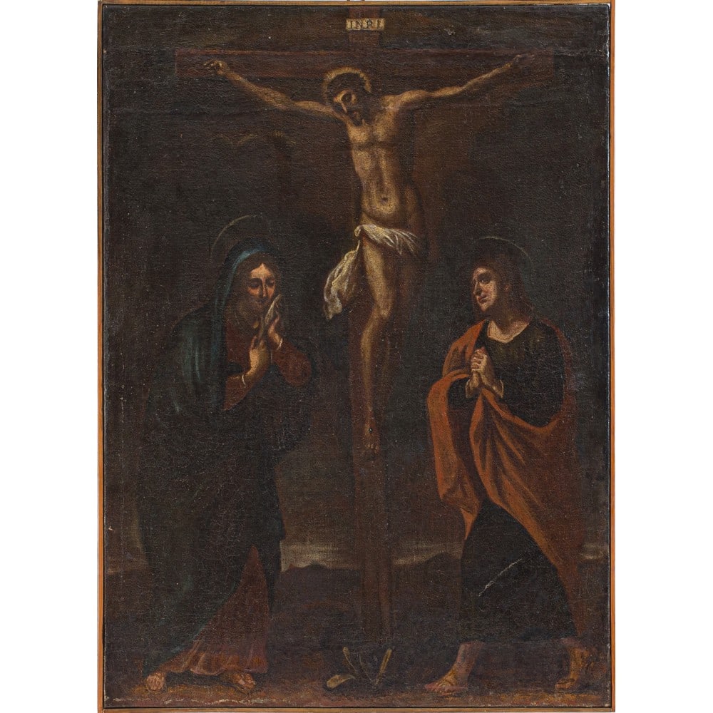 PITTORE ITALIANO DEL XVIII SECOLO, Olio su tela: PITTORE ITALIANO DEL XVIII SECOLO Crocifissione con Madonna e S. Giovanni Olio su tela (restauri). cm 100 x 74 .
