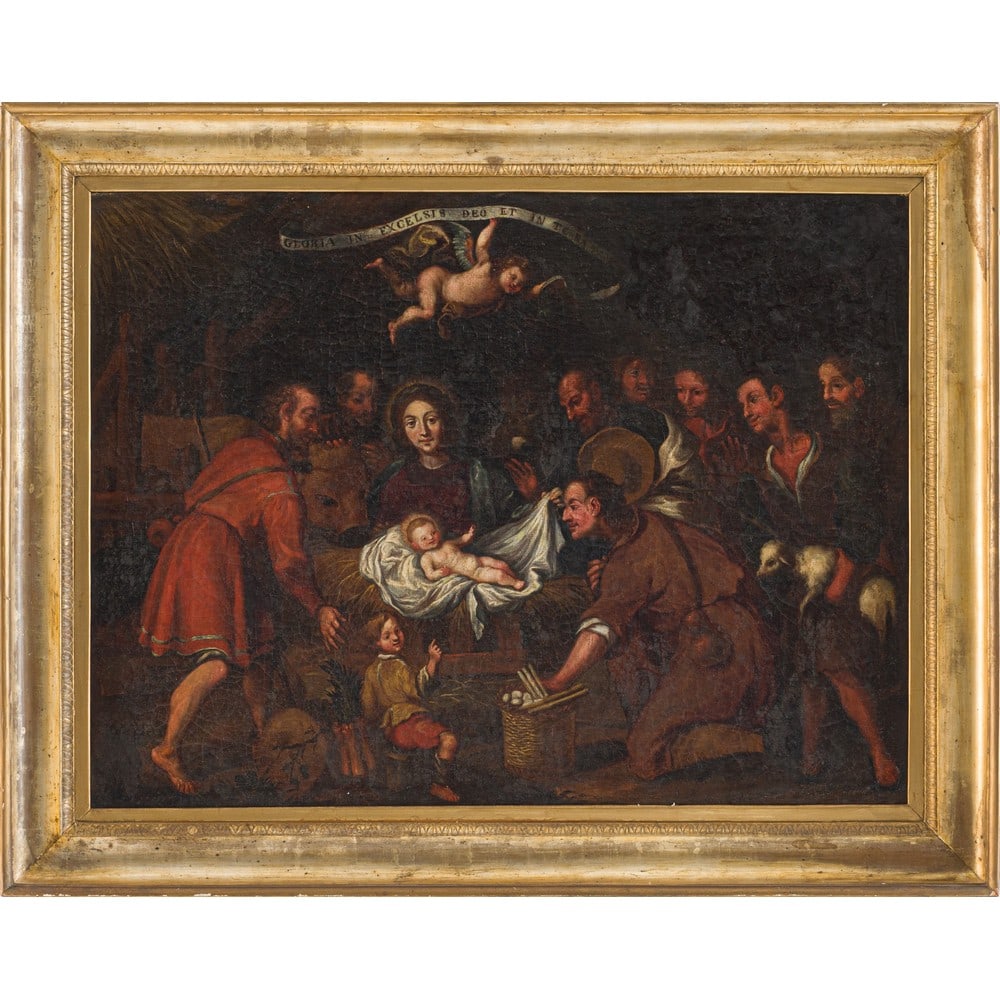 PITTORE NAPOLETANO DEL XVIII SECOLO, Olio su tela: PITTORE NAPOLETANO DEL XVIII SECOLO L’adorazione dei pastori (Natività) Olio su tela Cornice d’epoca a mezza canna in legno dorato. cm 75,5 x 101 .