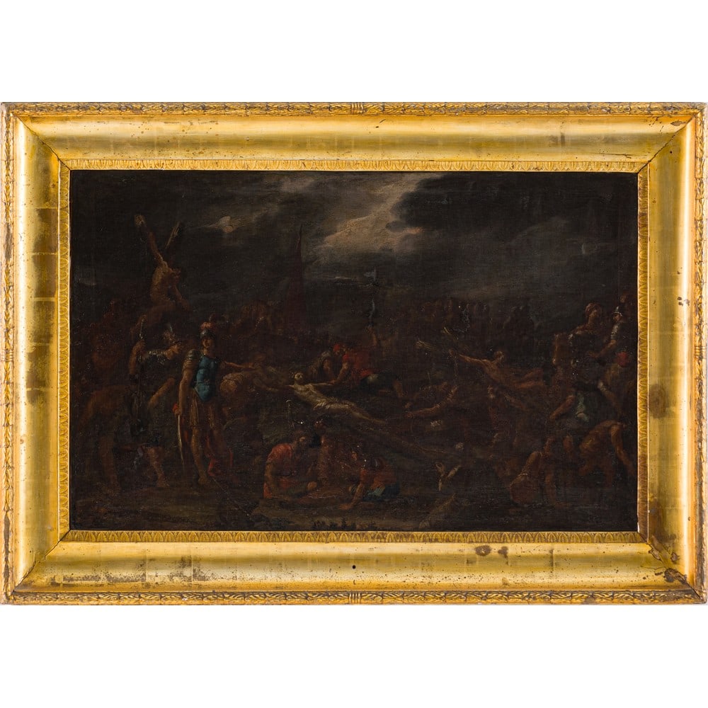 PITTORE NAPOLETANO DEL XVII SECOLO, Olio su tela: PITTORE NAPOLETANO DEL XVII SECOLO La Crocifissione di Cristo tra i due ladroni Olio su tela Cornice d’epoca a mezza canna in legno dorato. cm 55 x 87 .