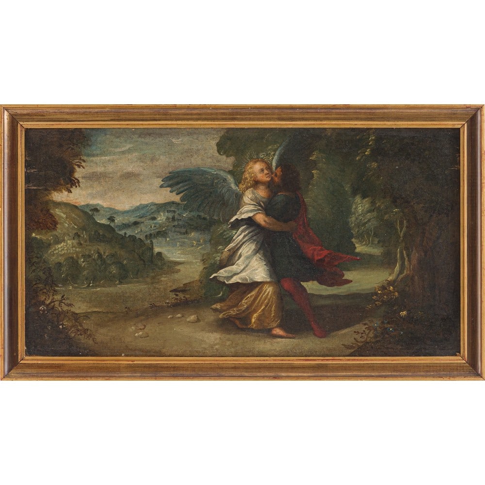 PITTORE FIAMMINGO DEL XVIII SECOLO, Olio su tela: PITTORE FIAMMINGO DEL XVIII SECOLO Lotta di Giacobbe con l’Angelo Olio su tela Cornice in legno dorato L’Episodio della Genesi narra che Giacobbe, sempre più umile e diffidando di s&#