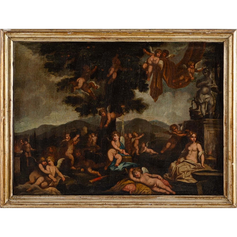 FRANCESCO ALBANI (Seguace di), Olio su tela: FRANCESCO ALBANI (Seguace di) (Bologna 1578 – 1660) Venere circondata da Amorini (Allegoria dell’Amore) Olio su tela Cornice argentata Il dipinto si ispira alla vasta produzione del pittor
