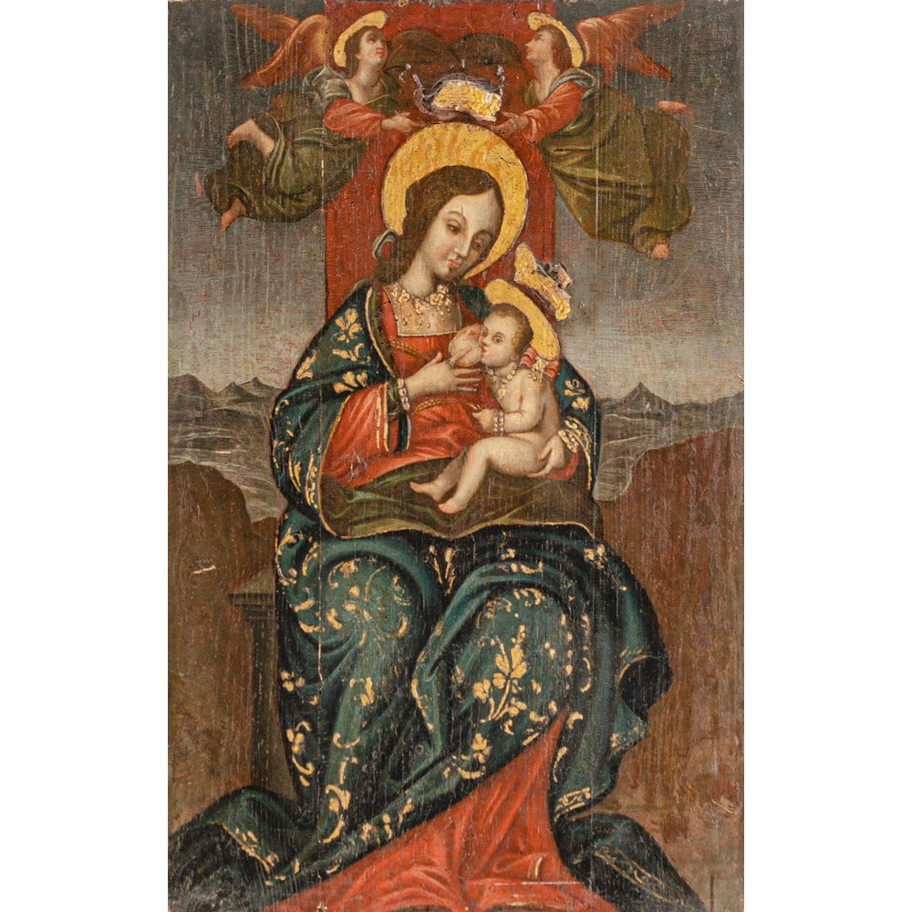 PITTORE SICILIANO DEL XVI SECOLO, Olio su tavola: PITTORE SICILIANO DEL XVI SECOLO La Madonna del Latte di Custonaci Olio su tavola Il nostro dipinto deriva dall’ originale Madonna del latte tardo-cinquecentesca, conservata nel santuario della 