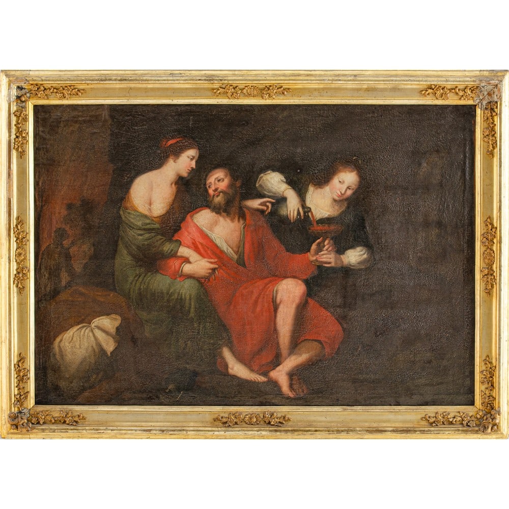 DOMENICO FIASELLA (Cerchia di), Olio su tela: DOMENICO FIASELLA (Cerchia di) (Sarzana 1589 – Genova 1669) Lot e le sue figlie Olio su tela Cornice in legno dorato Questo dipinto illustra un altro episodio tratto dal Libro della Genesi. La s
