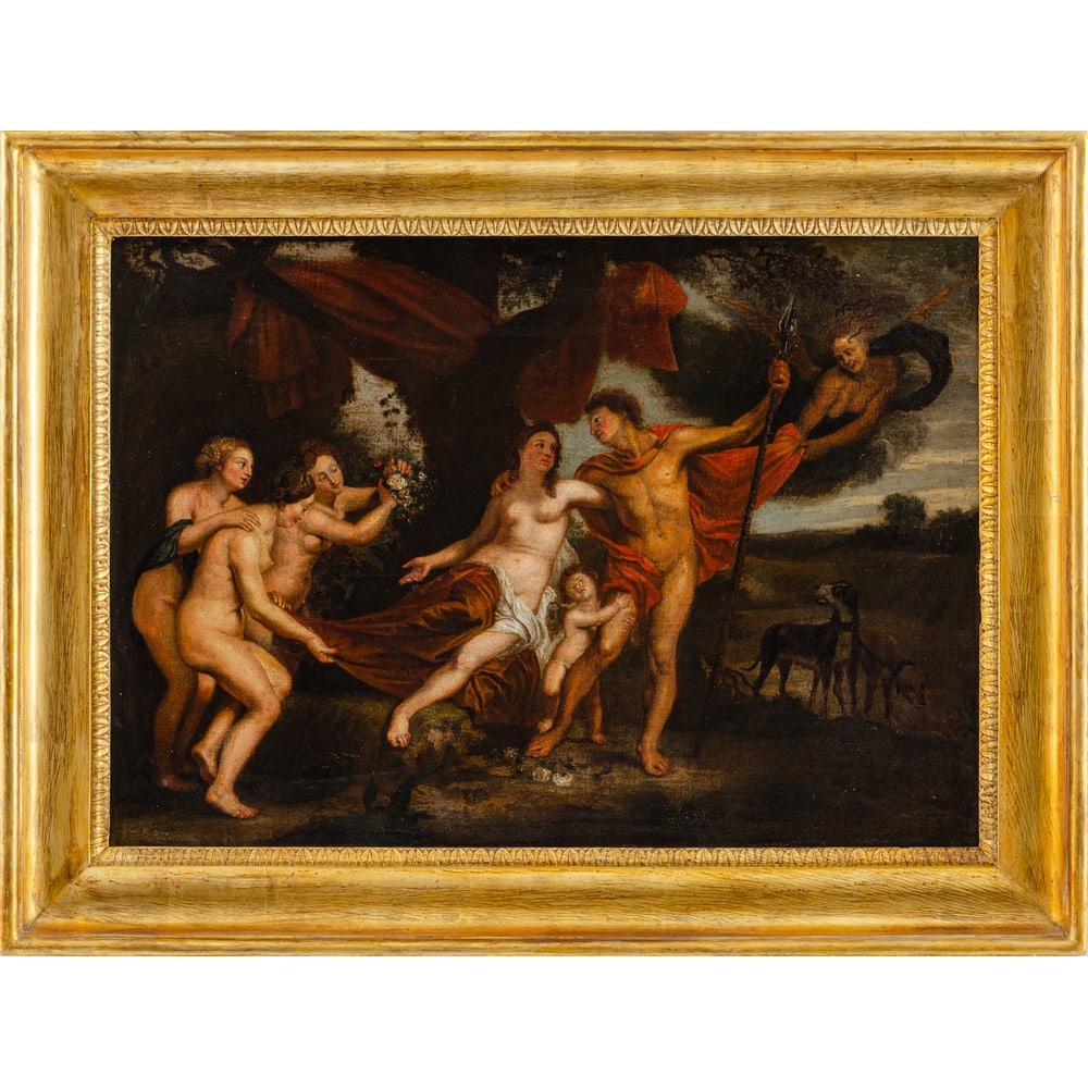 PIETRO PAOLO RUBENS (Seguace di), Olio su tela: PIETRO PAOLO RUBENS (Seguace di) (Siegen 1577 – Anversa 1640) Adone trattenuto da Venere Olio su tela Cornice a mezza canna in legno dorato Il dipinto riprende una scena già vista in unR