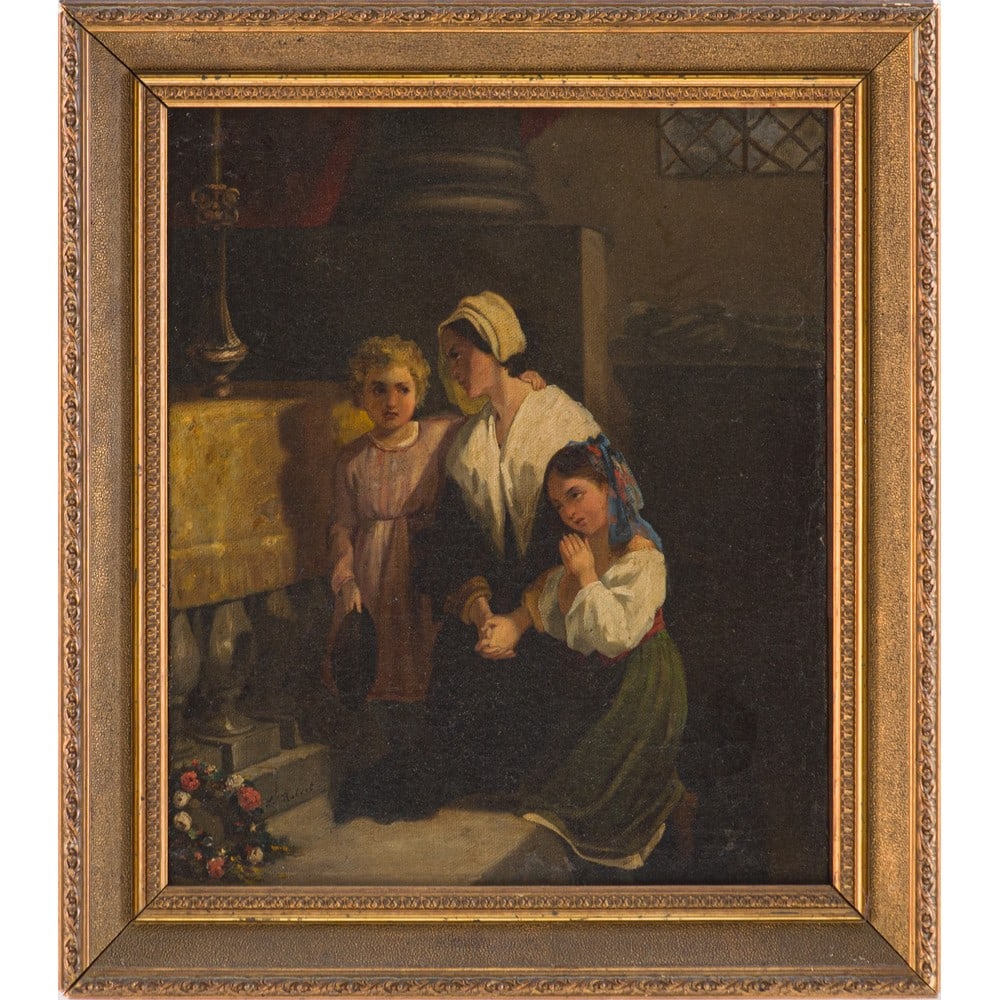 LOUIS LEOPOLD ROBERT, Olio su tela: LOUIS LEOPOLD ROBERT (La Chaux-de-Fonds 1794 – Venezia 1835) La preghiera Olio su tela Firma in basso a sinistra Cornice sabbiata d’epoca in legno L. Leopold Robert è un pittore ed in