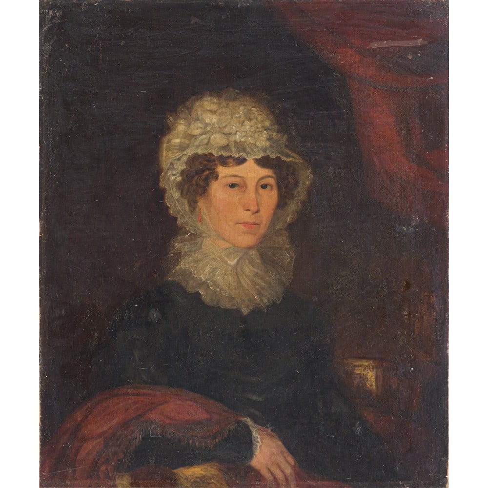 THOMAS WEAVER, Olio su tela: THOMAS WEAVER (Worthen 1774 – Liverpool 1843) Ritratto di donna - 1825 Olio su tela Firma al centro a sinistra T. Weaver è un Famoso pittore di ritratti e di soggetti con animali. Espone al