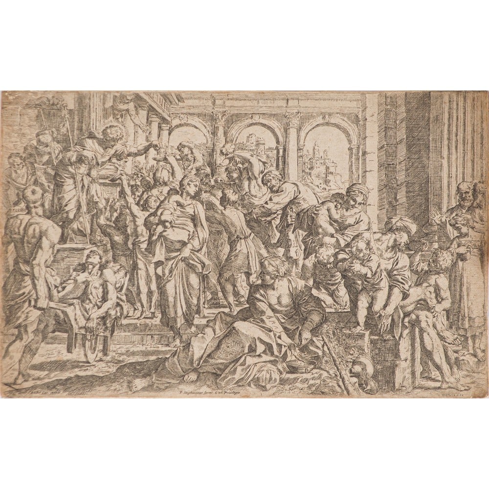 GUIDO RENI, Incisione ad acquaforte: GUIDO RENI (Bologna 1575-1642) L’Elemosina di San Rocco Incisione ad acquaforte La scena è ambientata all'interno di un'architettura monumentale con archi sullo sfondo e una gradinata in pr