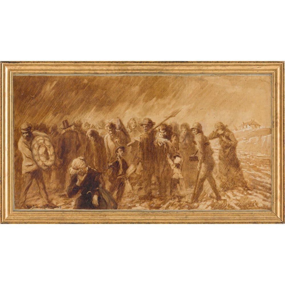 ALCIDE DAVIDE CAMPESTRINI, Olio su tela: ALCIDE DAVIDE CAMPESTRINI (Trento 1863 – Milano 1940) Gli Sfollati - 1917 Olio su tela Firma in basso a sinistra Cornice coeva in legno dorato Importante e raro grande dipinto di eccezionale int