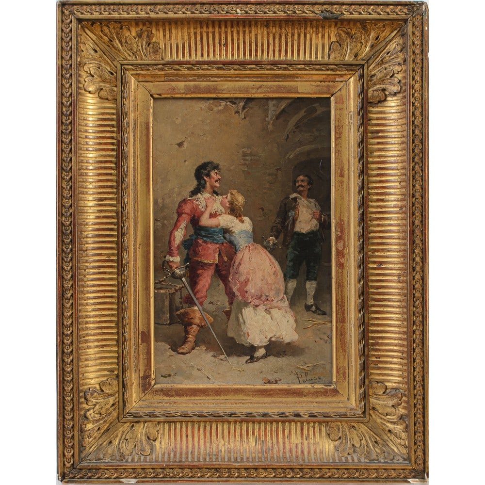 FRANCESCO PELUSO, Scena di duello con damigella, Olio su tavoletta: FRANCESCO PELUSO (Napoli 1836 - 1916) Il duello Olio su tavoletta Firma in basso a destra. Cornice coeva in legno e pastiglia dorata cm 33 x 21.
