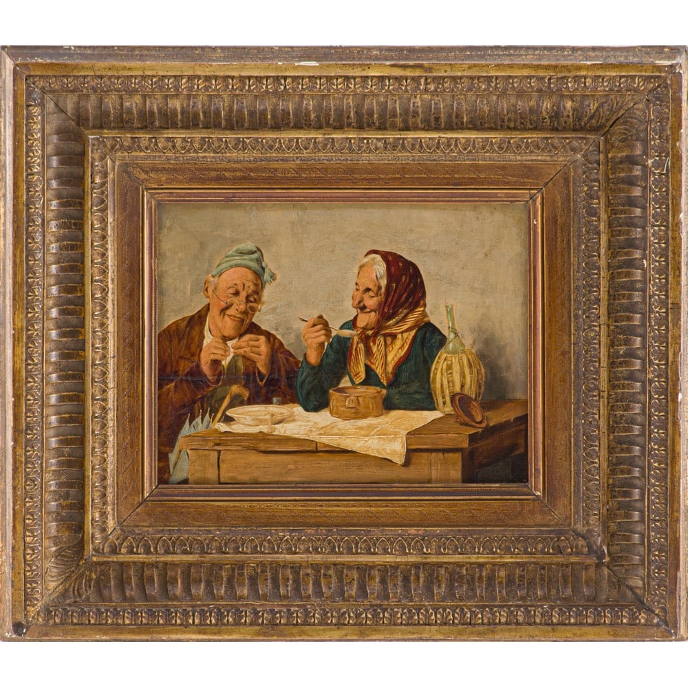 MARCO DE GREGORIO, Olio su Tavola: MARCO DE GREGORIO (Resina 1829 – 1876) La cena Olio su tavola Firma in basso a destra Cornice coeva in legno dorato M. De Gregorio è stato un importante pittore napoletano dell'Ottocento, n