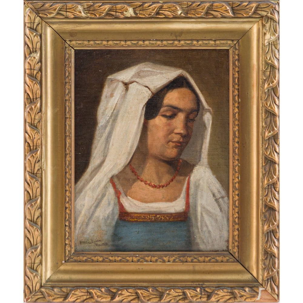 FRANZ LEO RUBEN, Olio su tela riportato su cartone: FRANZ LEO RUBEN (Praga 1842 - Monaco 1920) Figura di Ciociara a Roma - 1874 Olio su tela riportato su cartone Firma in basso a sinistra Cornice antica in legno dorato. cm 42 x 32 .