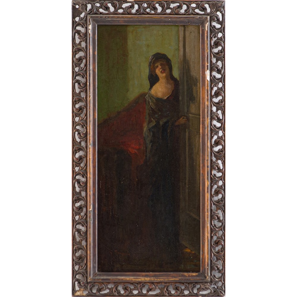 GAETANO SPAGNOLO, Olio su tela: GAETANO SPAGNOLO (Caserta 1882 – Napoli 1964) L’Invito Olio su tela Firma in basso a destra Cornice coeva in legno Pittore di buona qualità di ambito napoletano. Vive il suo periodo m