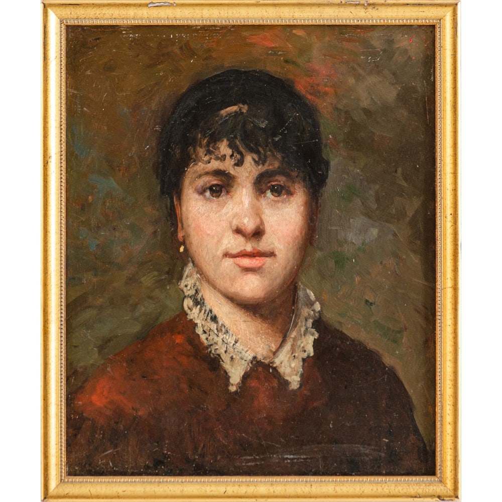 GIOVANNI FATTORI (Attr.), Olio su tavola: GIOVANNI FATTORI (Attr.) (Livorno 1825 – Firenze 1908) Ritratto di Giulia Marinelli, figlia della seconda moglie di Fattori, Marianna Bigazzi. Olio su tavola Sul retro reca scritta antica “