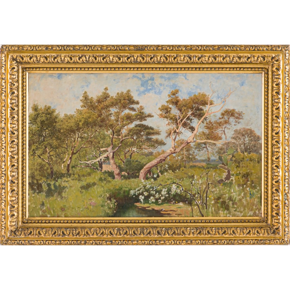 GENNARO PARDO, Olio su tela: GENNARO PARDO (Castelvetrano 1865 - 1927) Paesaggio, il bosco di Manicalunga - 1910 ca. Olio su tela Cornice in legno dorato Nel retro presenta firma Amalia Cusa vedova Pardo Nel retro presenta cartig