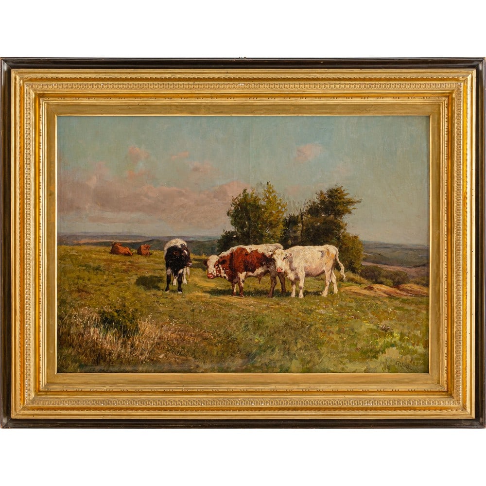 GIUSEPPE PALIZZI, Olio su tela: GIUSEPPE PALIZZI (Lanciano 1812 – Parigi 1888) Gregge al pascolo Olio su tela Firma in basso a destra Cornice in legno dorato. cm 75 x 100 .