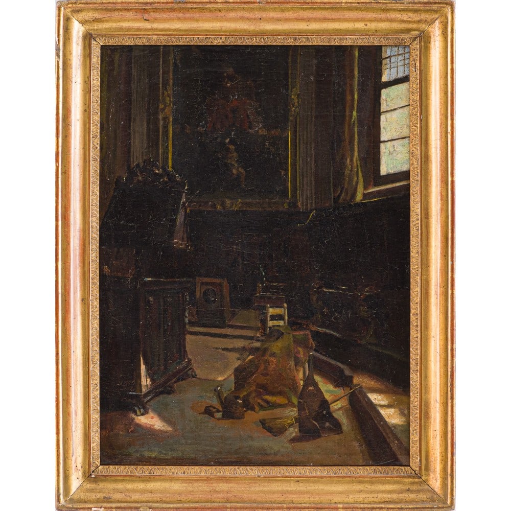 SALVATORE MARCHESI, Olio su tela: SALVATORE MARCHESI (Parma 1852-1926) Interno di Sagrestia Olio su tela Firma sul retro Cornice coeva in legno dorato S. Marchesi, nipote di Luigi Marchesi, studia all'Accademia di belle arti di Parma 
