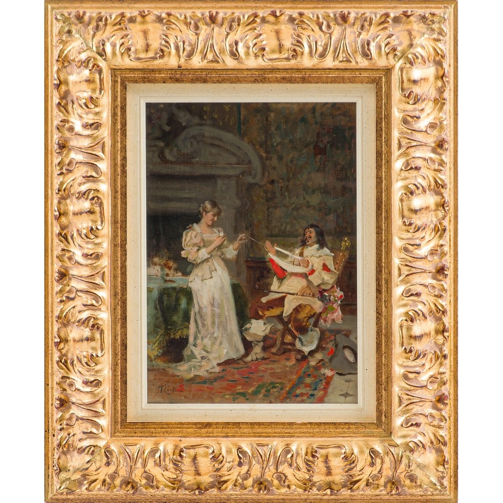 TITO CONTI, Bozzetto realizzato ad olio su tela: TITO CONTI (Firenze 1842 – 1924) Confidenze amorose - 1924 Bozzetto realizzato ad olio su tela Firma in basso a sinistra Cornice in legno intagliato e dorato. cm 31 x 22.