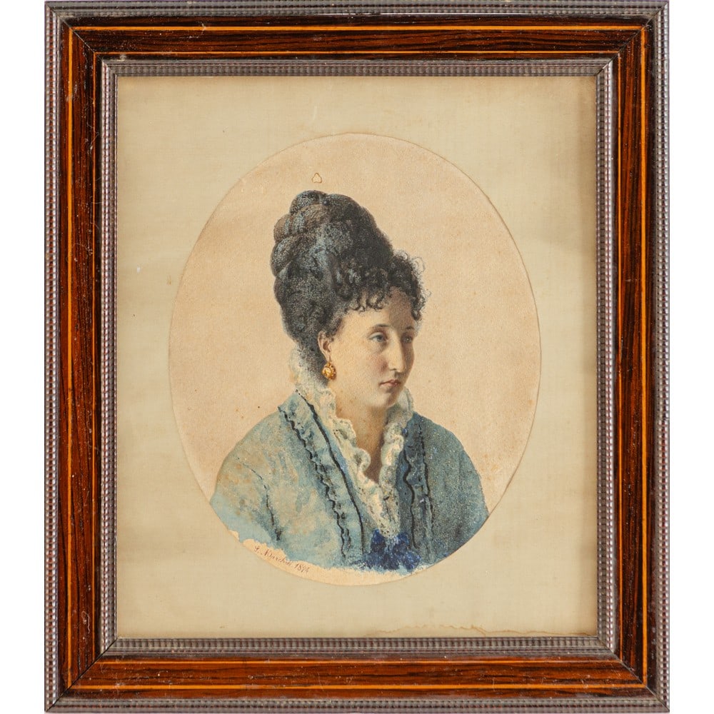 SALVATORE MARCHESI, Acquerello su cartone: SALVATORE MARCHESI (Parma 1852-1926) Ritratto di donna - 1874 Acquerello su cartone Firma in basso a sinistra Cornice in legno. cm 31 x 26 .