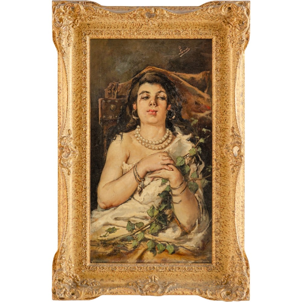 SCUOLA SPAGNOLA DEI PRIMI DEL '900, Olio su tela: SCUOLA SPAGNOLA DEI PRIMI DEL '900 Figura femminile Olio su tela Firma in alto a destra Cornice non coeva in legno (taglio nella tela). cm 45 x 86 .