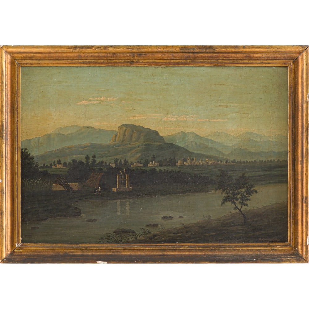 M. CARUSO LANZA, Olio su tela: M. CARUSO LANZA (XIX SECOLO) Paesaggio fluviale con elementi architettonici classici Olio su tela Firma e data in basso a destra Nov. 83 Cornice coeva in legno dorato. cm 49,5 x 74,5 .