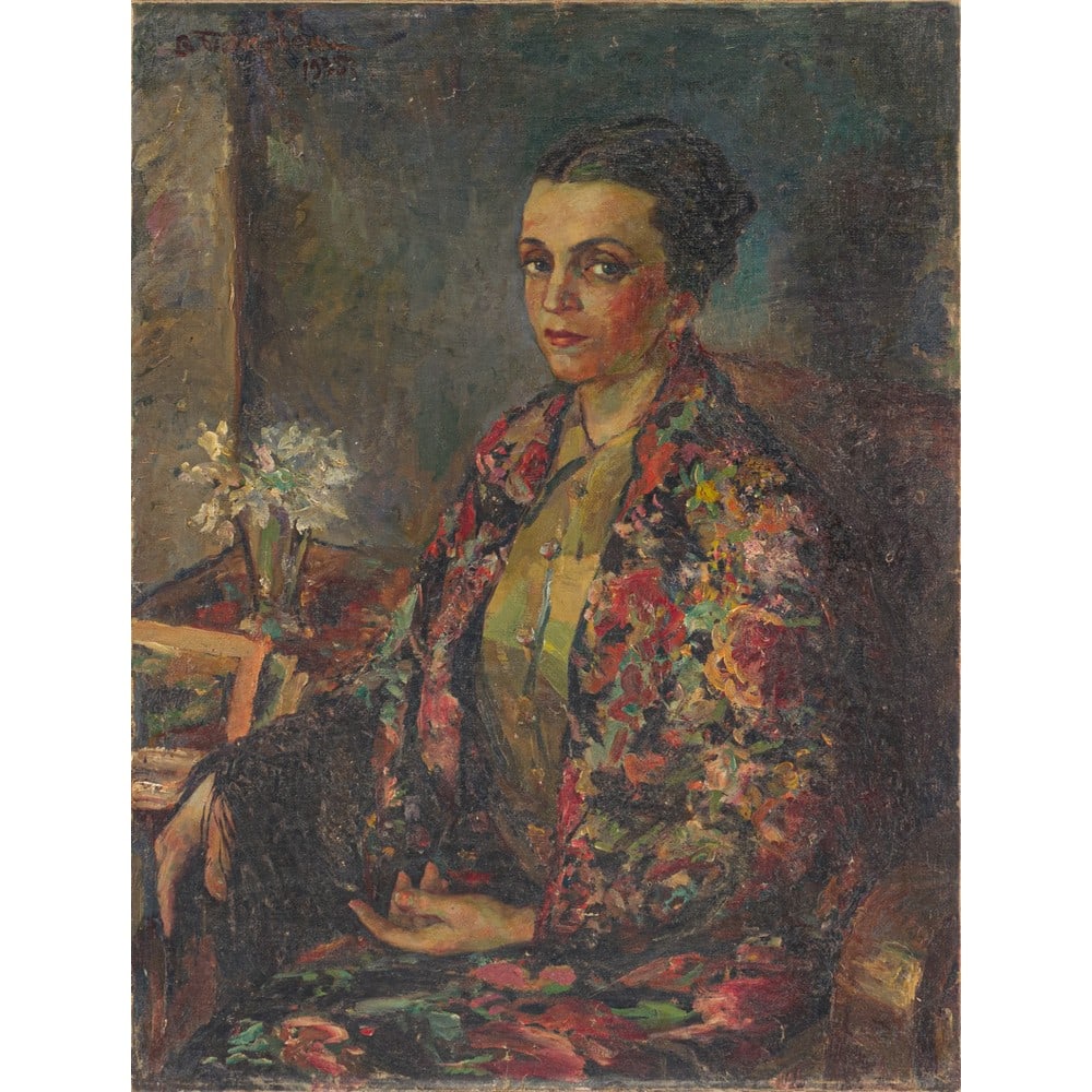 VICTOR BLAKOSKY, Olio su tela: VICTOR BLAKOSKY (Russia XIX-XX sec) Ritratto di donna con scialle - 1935 Olio su tela Firma in cirillico in alto a sinistra. cm 98 x 75 .