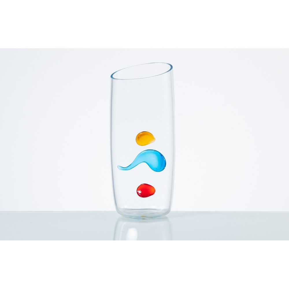 ALFREDO BARBINI, Vaso in vetro: ALFREDO BARBINI Produzione Murano, Italia 1990 ca. Vaso in vetro incolore decorato con tre pastiglie di vetro giallo, celeste e rosso, corpo cilindrico con bocca circolare inclinata, base circolare. F