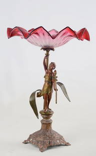 ALZATINA Liberty in metallo con coppa in vetro.: ALZATINA Liberty in metallo con coppa in vetro. Sicilia primi '900 Misure: h cm 39