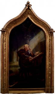 OLIO su tavola "interno di Chiesa con prete" entro: OLIO su tavola "interno di Chiesa con prete" entro cornice a tempietto in legno dorato ad oro zecchino, monogrammato in basso a sinistra. Francia XIX secolo Misure: cm 15 x 19