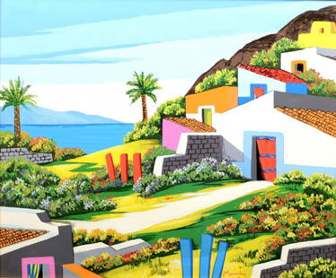 RENZO MESCHIS (Palermo 1945) SERIGRAFIA su tela: RENZO MESCHIS (Palermo 1945) SERIGRAFIA su tela "paesaggio costiero". Misure: cm 60 x 50