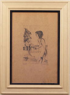 PIPPO GAMBINO (Porto Empedocle (Ag) 1935 - Palermo: PIPPO GAMBINO (Porto Empedocle (Ag) 1935 - Palermo 2004) ACQUATINTA su sughero "donna al balcone". Datato 1973 Misure: cm 32 x 48