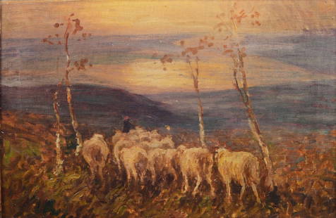 OLIO su tela "paesaggio con gregge" entro cornice coeva: OLIO su tela "paesaggio con gregge" entro cornice coeva in legno dorato. Sicilia primi '900 Misure: cm 48 x 33