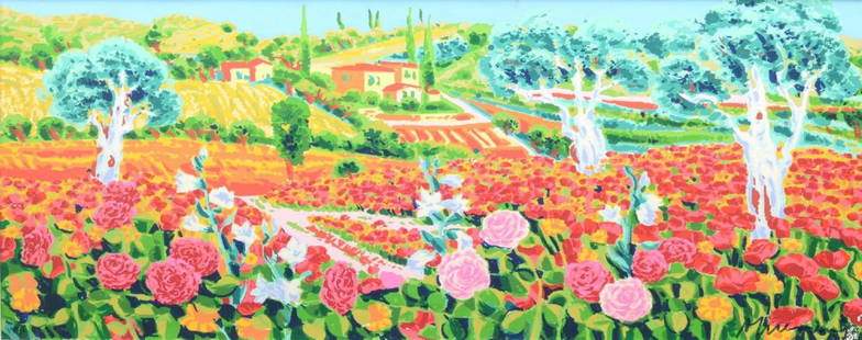 ATHOS FACCINCANI (Peschiera del Garda 1951) SERIGRAFIA: ATHOS FACCINCANI (Peschiera del Garda 1951) SERIGRAFIA polimaterica "il canto degli ulivi tra rose e sole alto", esemplare 8/50. Misure: cm 84 x 34