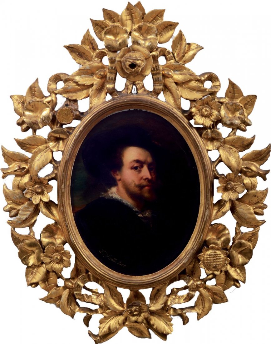 LEOPOLDO GALLI (Firenze) OLIO su tavola ovale "ritratto: LEOPOLDO GALLI (Firenze) OLIO su tavola ovale "ritratto di Rubens" entro cornice riccamente intagliata e dorata ad oro zecchino (cm 35 x 44). XIX secolo Misure: cm 16 x 21