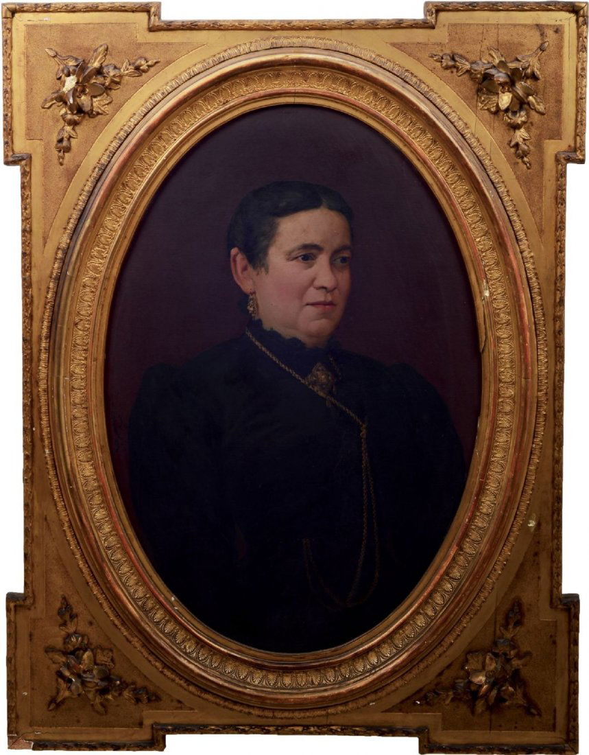 COPPIA OLI su tela "antenati" entro cornici coeve: COPPIA OLI su tela "antenati" entro cornici coeve dorate ad oro zecchino. Italia fine '800 Misure: cm 55 x 80