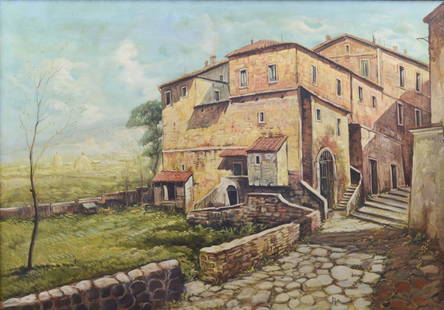 MARIO PETRILLO OLIO su tela "scorcio di paese". XX: MARIO PETRILLO OLIO su tela "scorcio di paese". XX secolo Misure: cm 100 x 70,5