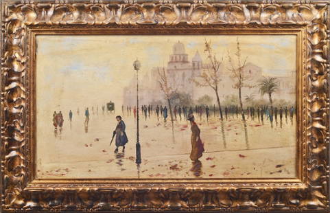 OLIO su tela "piazza cittadina con personaggi". XX: OLIO su tela "piazza cittadina con personaggi". XX secolo Misure: cm 79 x 44