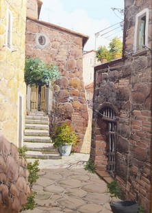 ERNESTO RISPOLI OLIO su tela "cortile". XX secolo: ERNESTO RISPOLI OLIO su tela "cortile". XX secolo Misure: cm 50 x 70