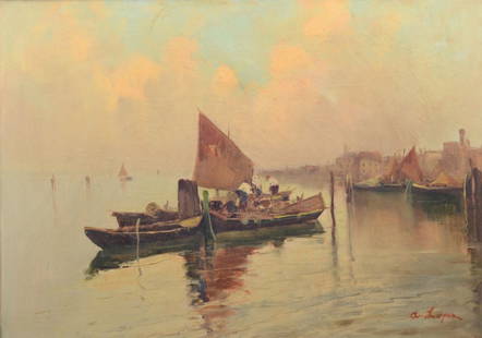 A. LOPEZ OLIO su tela "barche con pescatori". XX: A. LOPEZ OLIO su tela "barche con pescatori". XX secolo Misure: cm 70 x 50