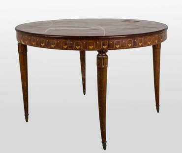 TAVOLO tondo in palissandro con tarsie in bronzo.: TAVOLO tondo in palissandro con tarsie in bronzo. Sicilia XIX secolo Misure: diametro cm 120 x 80