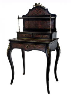 SCRITTOIETTO con alzata boulle in legno ebanizzato,: SCRITTOIETTO con alzata boulle in legno ebanizzato, tarsie in rame e tartaruga. Francia XIX secolo Misure: cm 86 x 49 x h 135