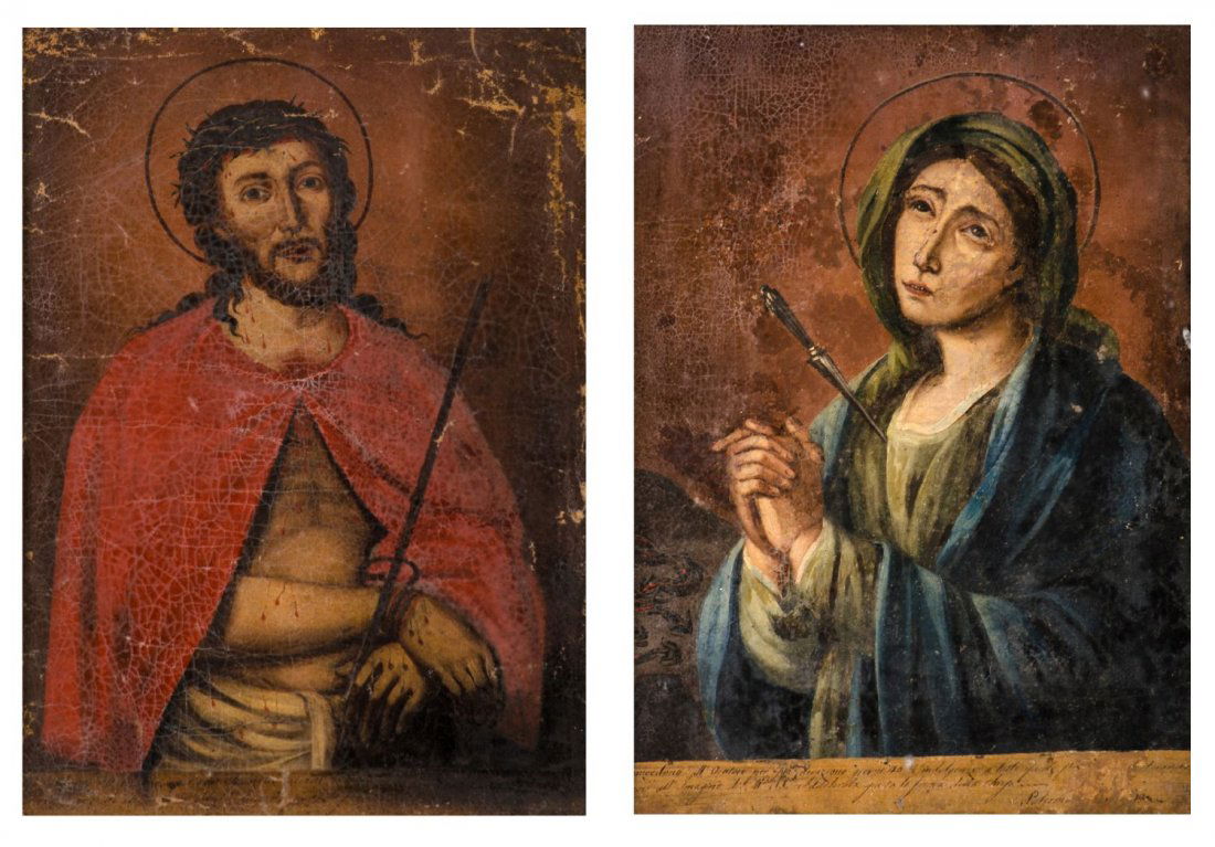 COPPIA OLI su tela "Ecce Homo" e "Madonna addolorata".: COPPIA OLI su tela "Ecce Homo" e "Madonna addolorata". XIX secolo Misure: cm 31 x 42
