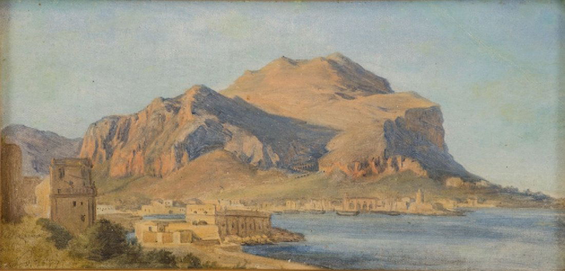 CARL ROTTMANN (Hanschuchsheim 1797 - Monaco 1850) OLIO: CARL ROTTMANN (Hanschuchsheim 1797 - Monaco 1850) OLIO su tavoletta "Palermo - Monte Pellegrino". Datato 1849 Misure: cm 36 x 17