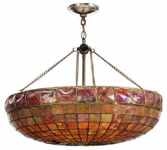 Rare Tiffany Studios Turtleback: Ceiling Fixture late 19th/early 20th century, Tiffany Studios domed leaded glass ceiling fixture with red iridescent turtleback tile border and central mother-of-pearl turtleback tile, geometric desig