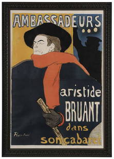Henri de Toulouse-Lautrec: (French, 1864-1901) [Ambassadeurs/Aristide Bruant dans son cabaret], 1892, Edward Ancourt & Cie, Paris, publisher, signed lower left in stone, chromolithographic poster, 55-1/4 x 37-1/2 in. (sheet); m